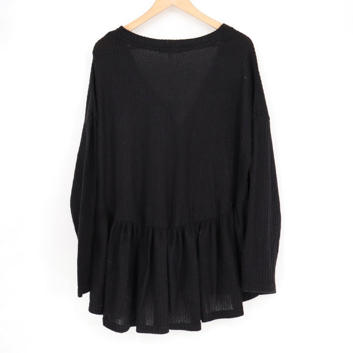 Park Adelyn Peplum Babydoll Blouse Top Women Large Black Henley Neck Waffle Knit