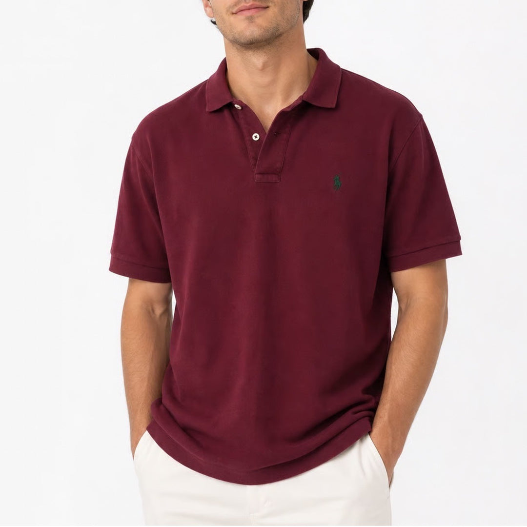Polo Ralph Lauren Mens Large Burgundy Short Sleeve Pique Cotton Polo Shirt Logo
