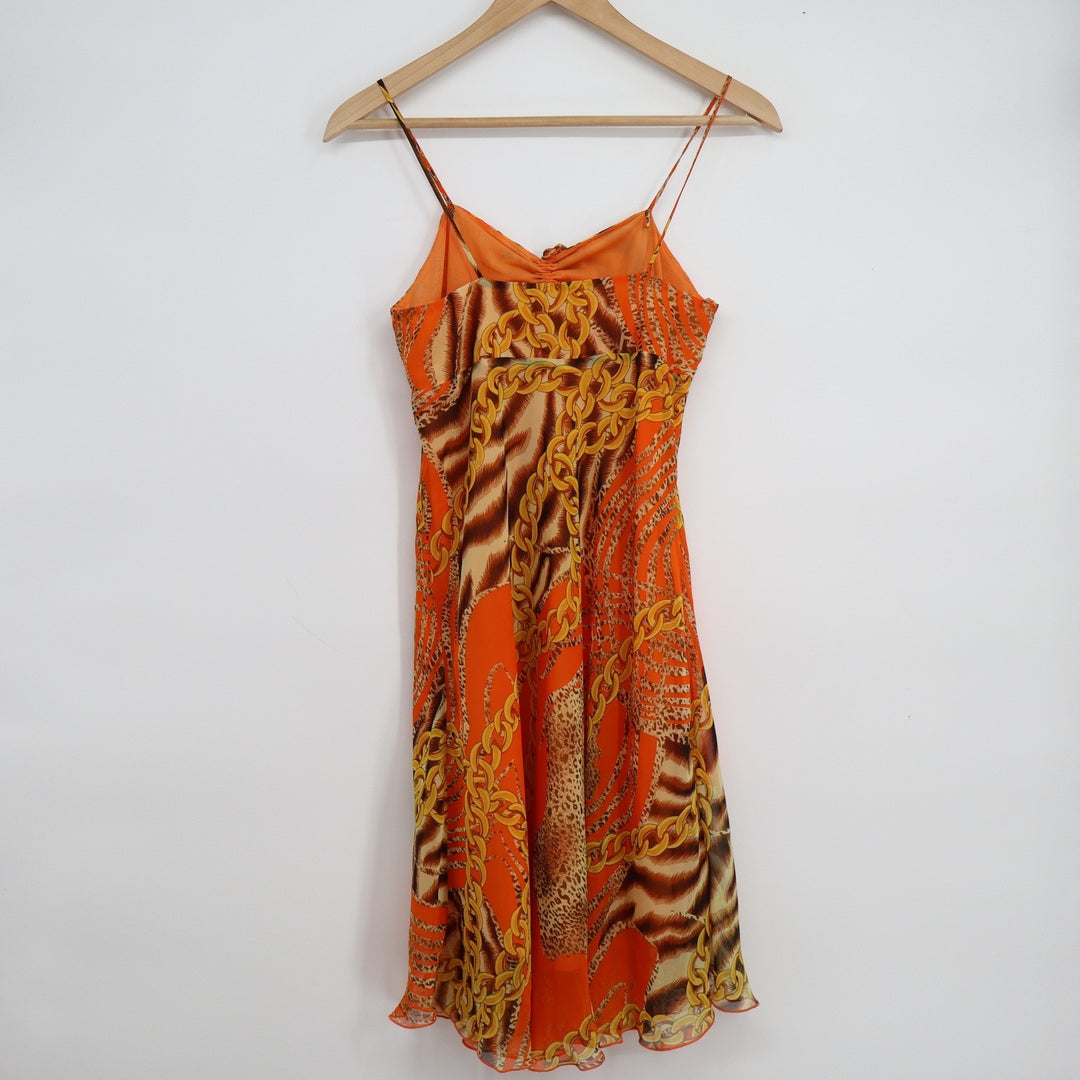 Orange Animal Print Chain Link Midi Dress Spaghetti Strap Y2K Lettuce Hem