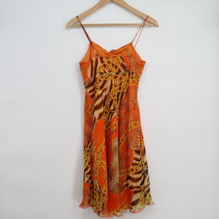 Orange Animal Print Chain Link Midi Dress Spaghetti Strap Y2K Lettuce Hem