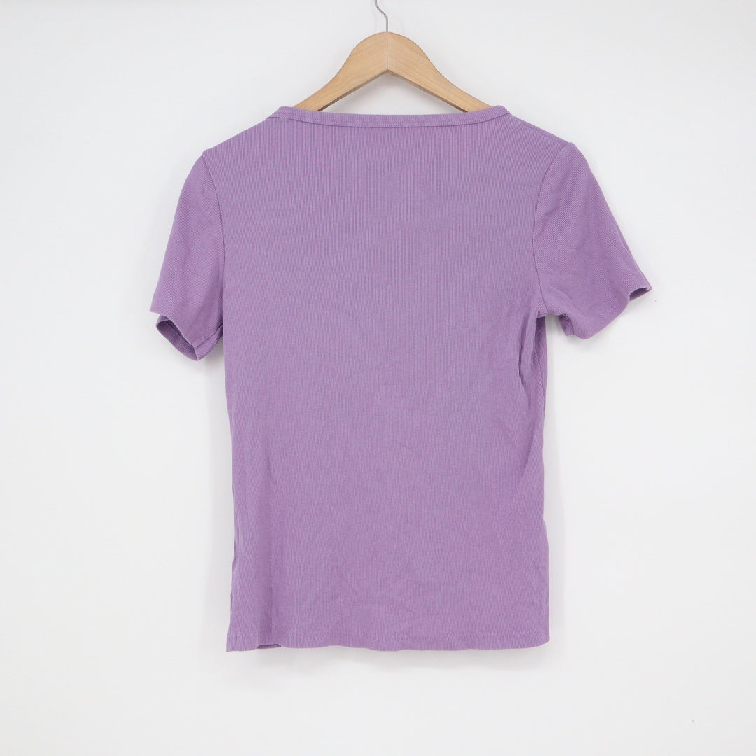 Purple Asymmetrical Neckline Button Front Ribbed Short Sleeve Top Medium