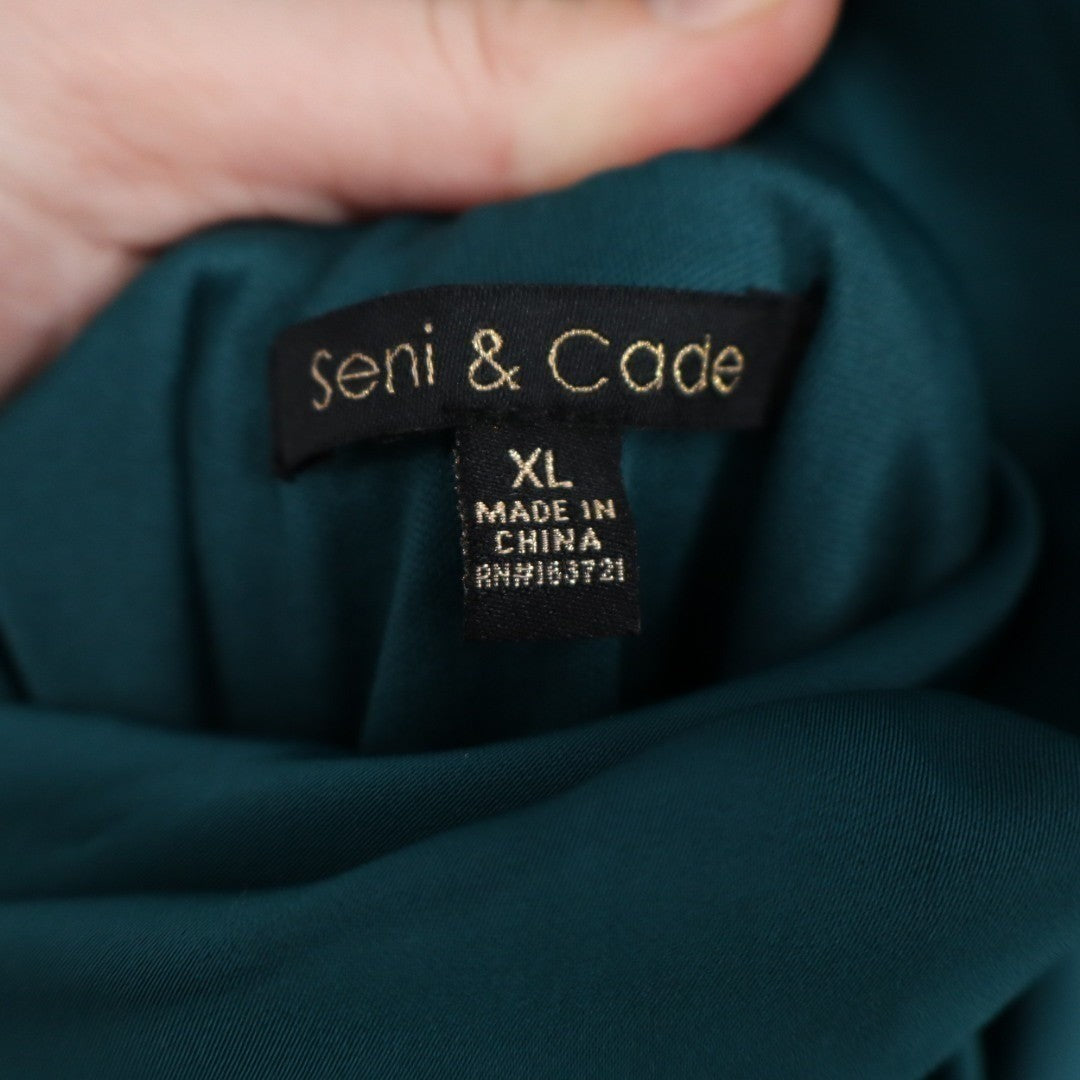 Seni & Cade Satin Scarf Midi Dress Women XL Teal Square Neck Side Zip Sleeveless