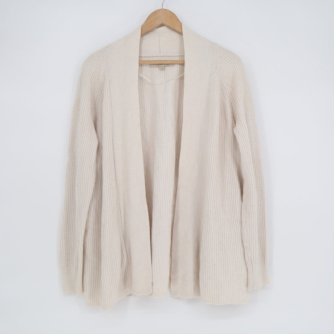 LOFT Womens Ribbed Open Front Cardigan Sweater Cream Ivory Cotton Wool Blend M