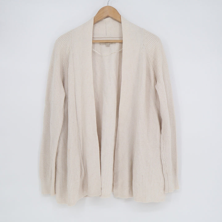 LOFT Womens Ribbed Open Front Cardigan Sweater Cream Ivory Cotton Wool Blend M