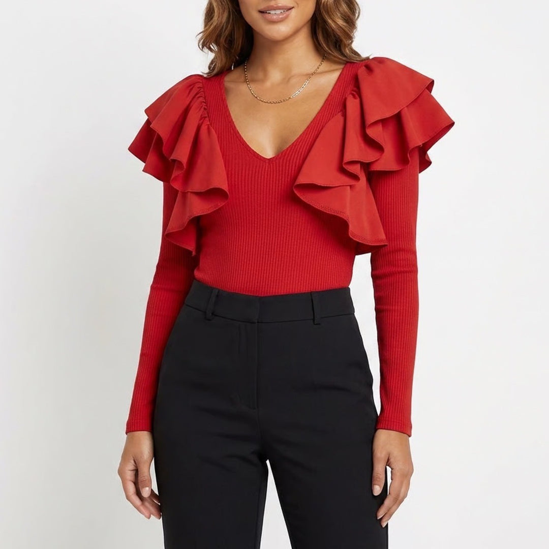River Island Red Ruffle Shoulder V-Neck Ribbed Long Sleeve Top Size UK 6 US 2