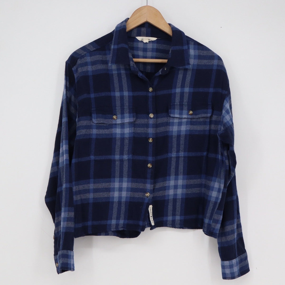 Lucky Brand Womens Navy Blue Plaid Cotton Button Up Cropped Shirt Medium