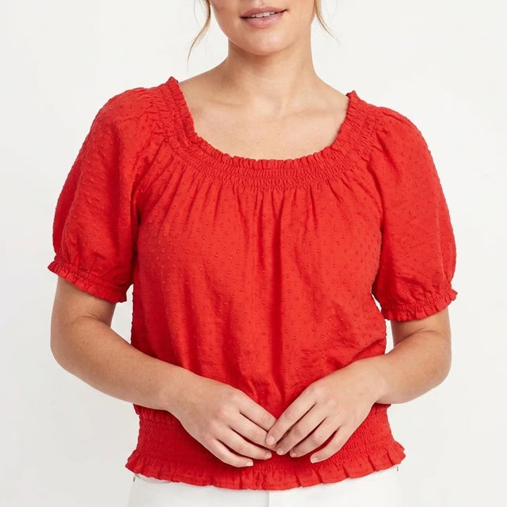 Old Navy Womens Red Smocked Puff Sleeve Peplum Blouse Top Size Large L