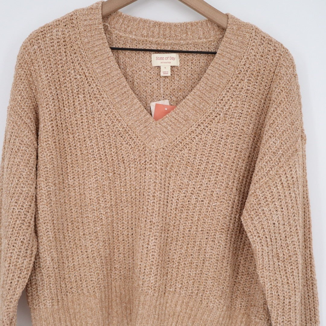 Charter Club Intimates Sweater Womens Large Brown Open Knit V-Neck Long Sleeve