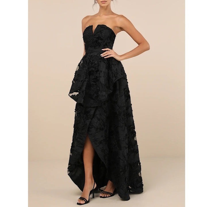 Lulus Majestic Glam Maxi Dress Womens M Black Lined Strapless Textured High-Low