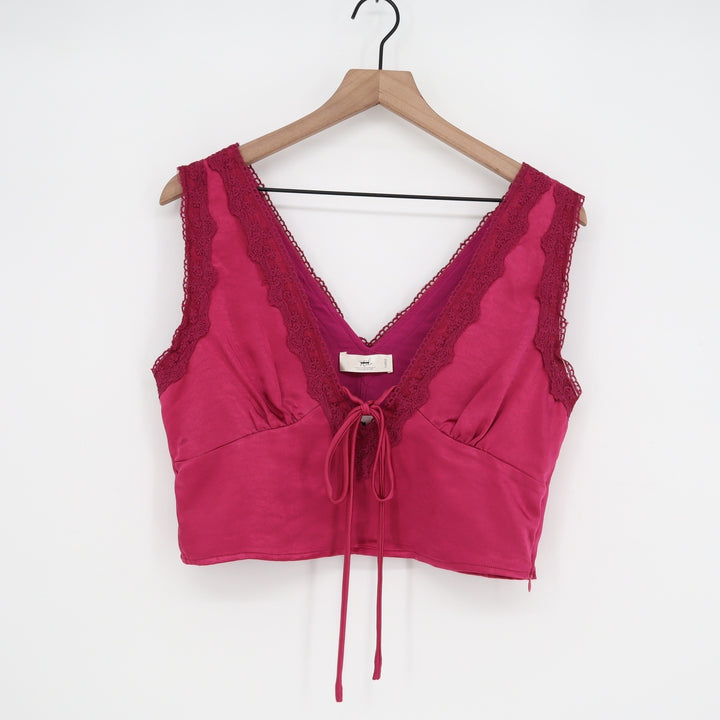 Stile by Per Lei Magenta Satin Lace Trim Tie Front Crop Top Large NEW