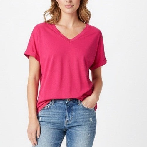 XIEERDUO Hot Pink V Neck Short Sleeve T Shirt Women Size S Rolled Cuffs