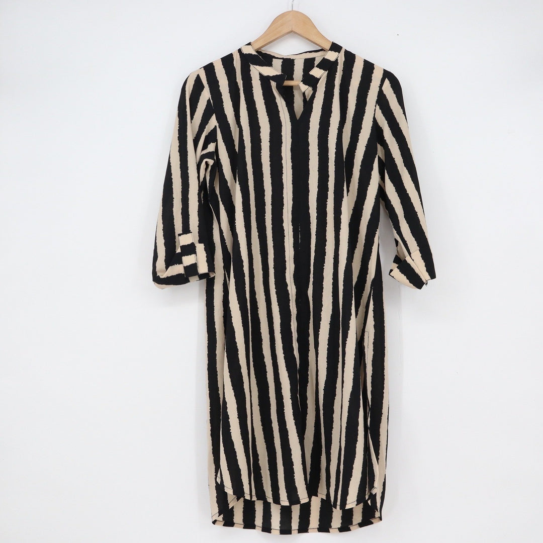 Black Cream Vertical Stripe Tunic Shift Dress Split Neck 3/4 Sleeve One Size
