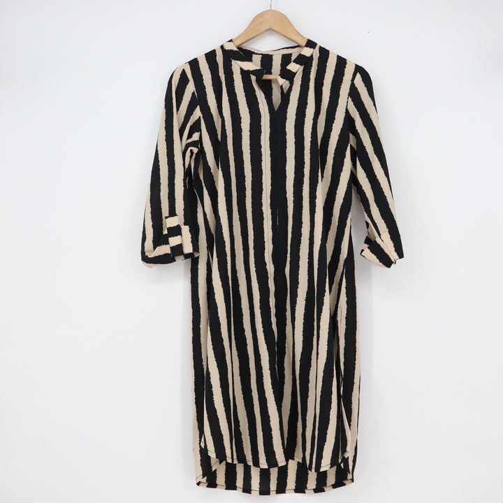 Black Cream Vertical Stripe Tunic Shift Dress Split Neck 3/4 Sleeve One Size
