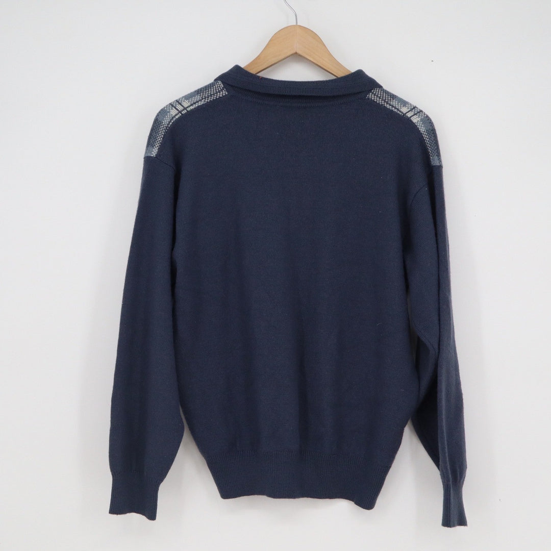Underwood Vintage Mens Navy Blue Plaid Polo Knit Sweater Wool Blend Size M