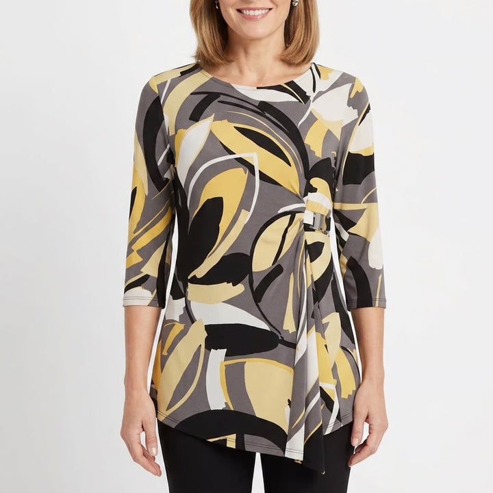 Alfani Womens Abstract Floral Side Buckle Blouse Yellow Grey Black Size S