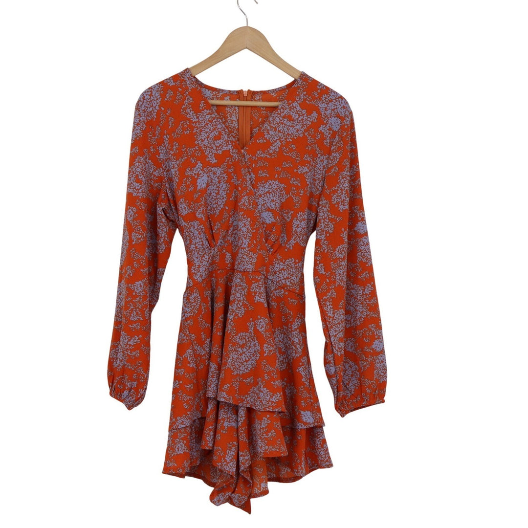 Unbranded Orange Blue Floral Long Sleeve Ruffle Romper V-Neck Size M