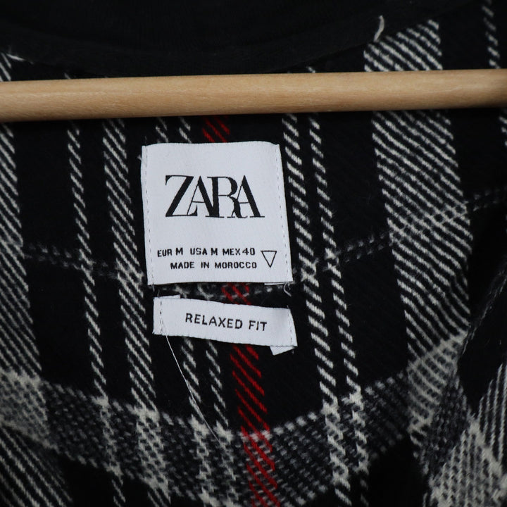 Zara Mens Relaxed Fit Hooded Flannel Shirt Plaid Black Red White Medium 12045