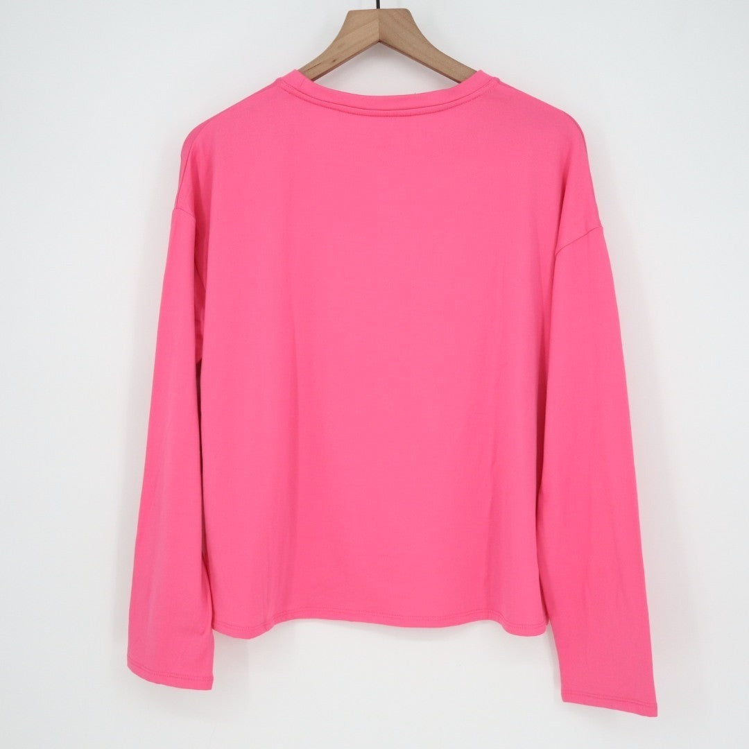 Roudelain Pajama Shirt Women Large Pink Stretch Long Sleeve Round Neck Side Slit