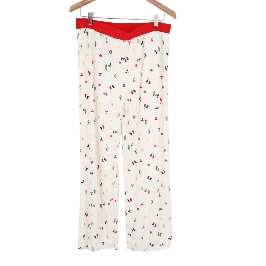 Christmas Pajama Pants Womens XL White Red Holiday Allover Print Stretch Casual