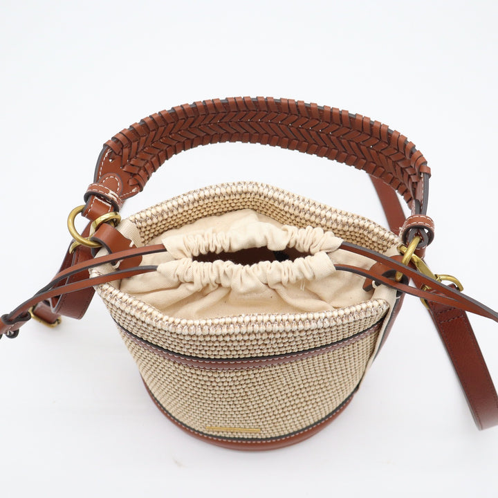 House of Harlow 1960 Woven Straw Leather Bucket Bag Brown Beige Crossbody