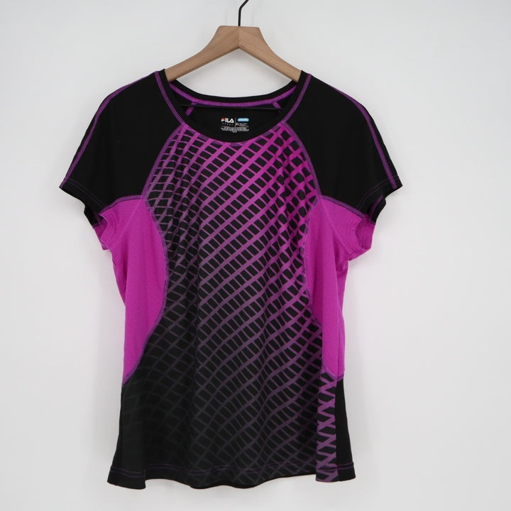 Fila Sport Running T Shirt Womens XL Purple Black Stretch Crew Neck Short Sleeve