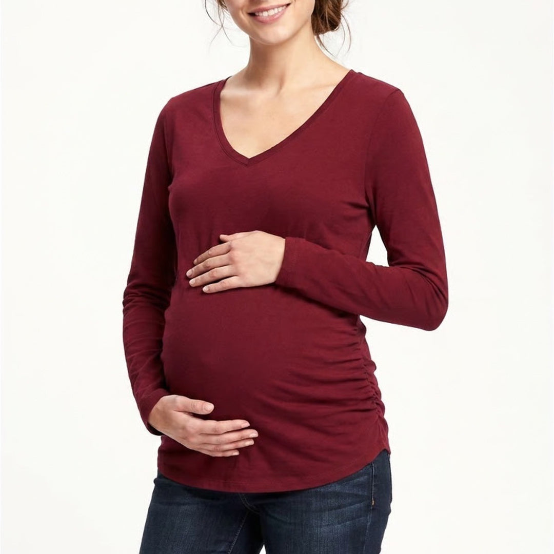 Old Navy Maternity Fitted V-Neck Long Sleeve Ruched Top Burgundy XL