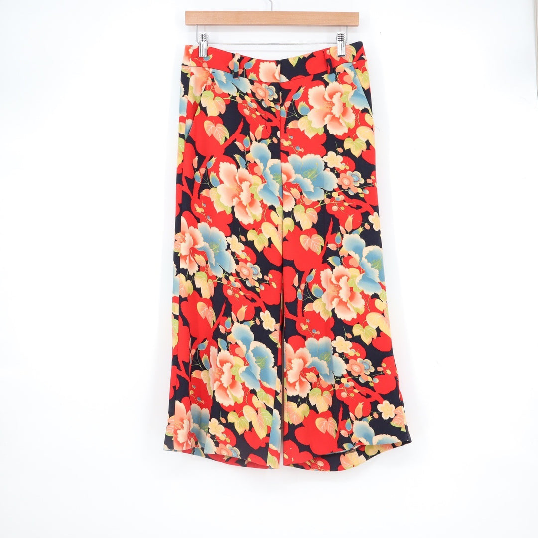 Ann Taylor LOFT Red Floral Wide Leg Cropped Pants Size 0 High Rise Flowy