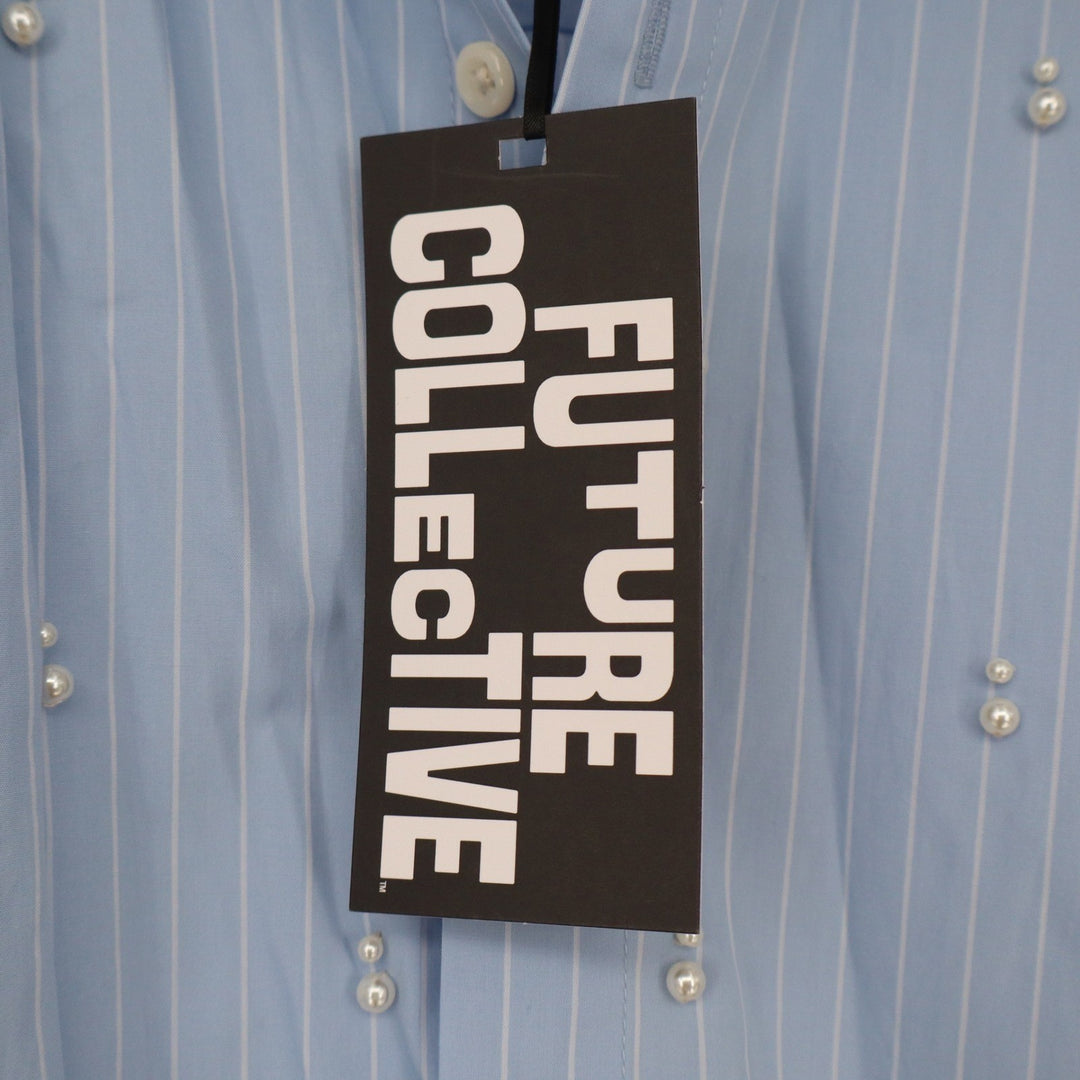 Future Collective Blue Striped Pearl Embellished Button Down Shirt M NEW