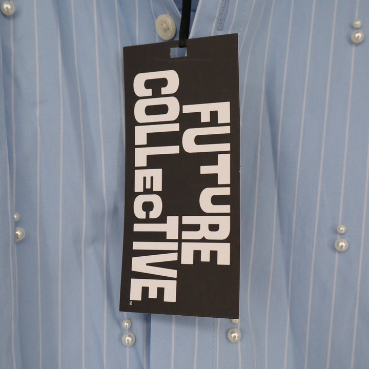 Future Collective Blue Striped Pearl Embellished Button Down Shirt M NEW