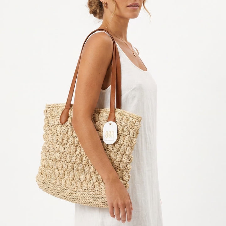 8OR 8 Other Reason Womens Handbag Beige Straw Crochet Double Handle Tote Bag