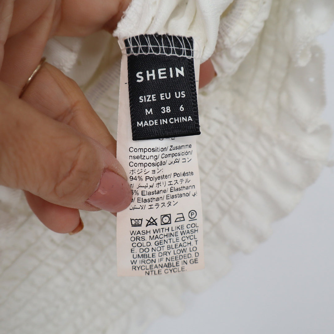 SHEIN White Eyelet Smocked Waist Peplum Blouse Cap Sleeve Top Womens Size M