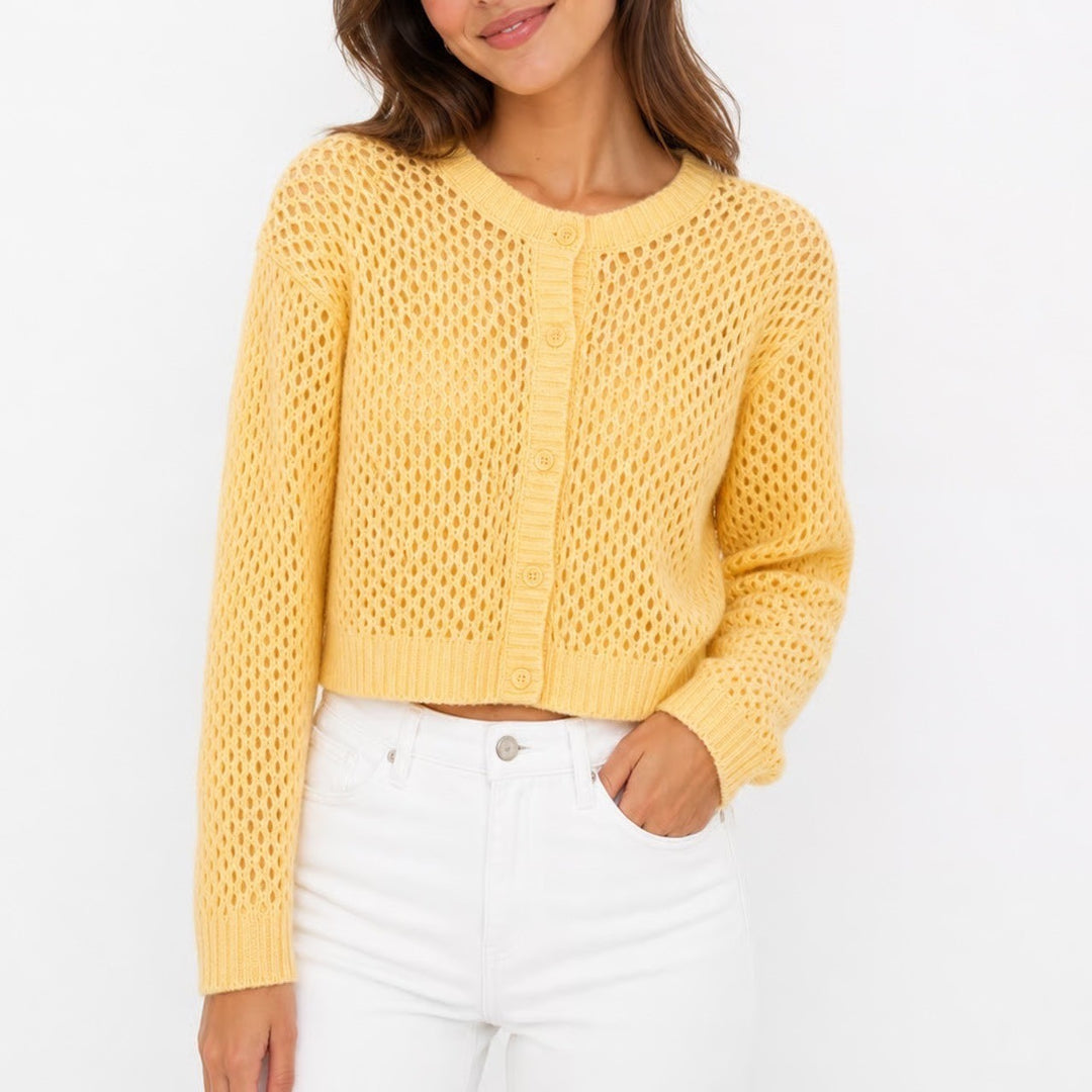 H&M Divided Yellow Open Knit Cropped Cardigan Sweater Mesh Button Front Size M