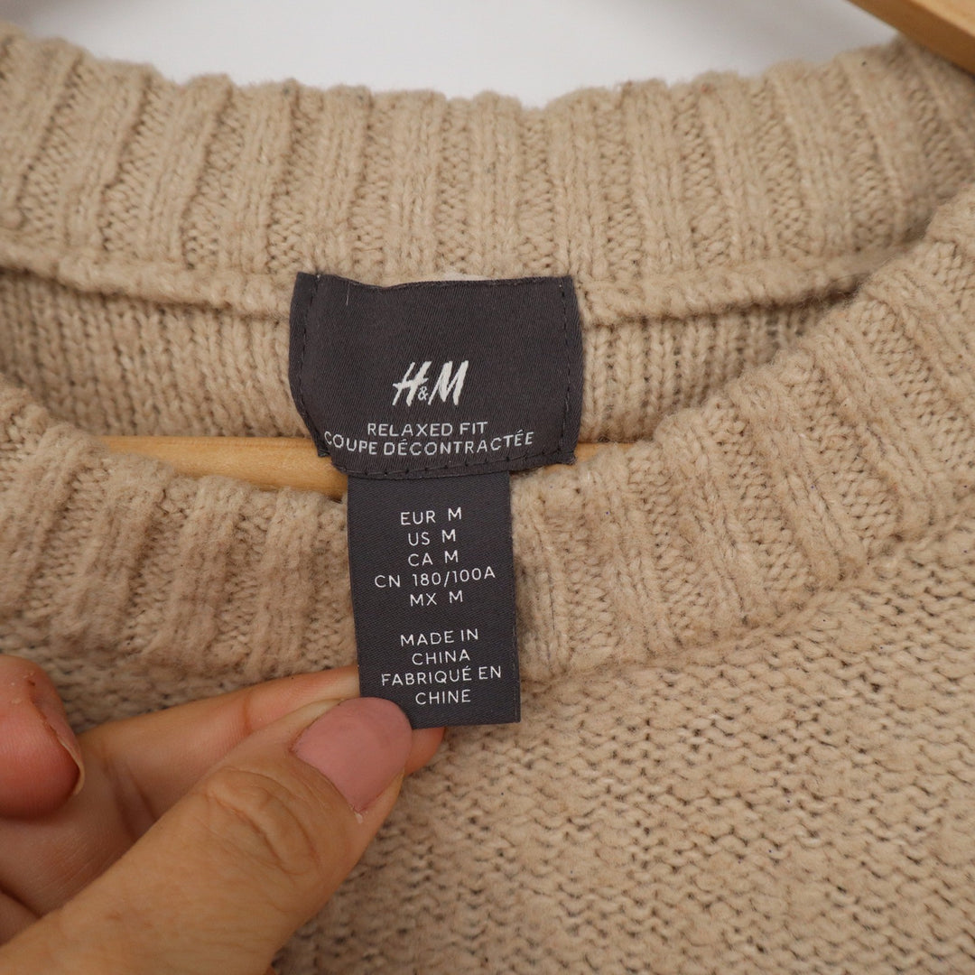 HM Relaxed Fit Crewneck Sweater Mens Medium Tan Beige Textured Wool Blend