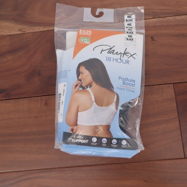 Playtex 18 Hour Front Close Bra Womens 40C Black Nylon Stretch Comfort Wireless
