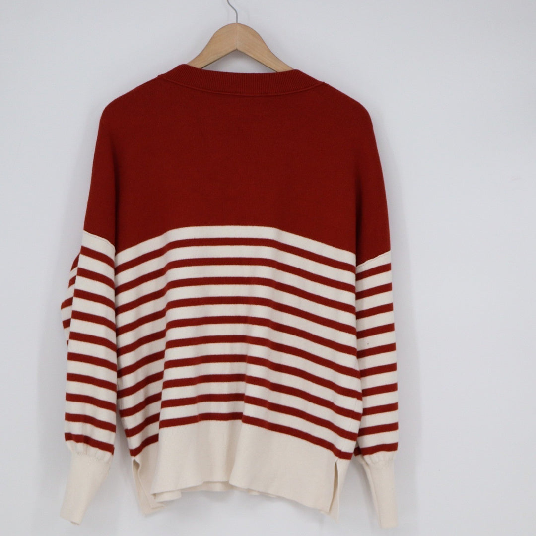 Red Cream Striped Oversized Crewneck Sweater Long Sleeve Side Slit Size M