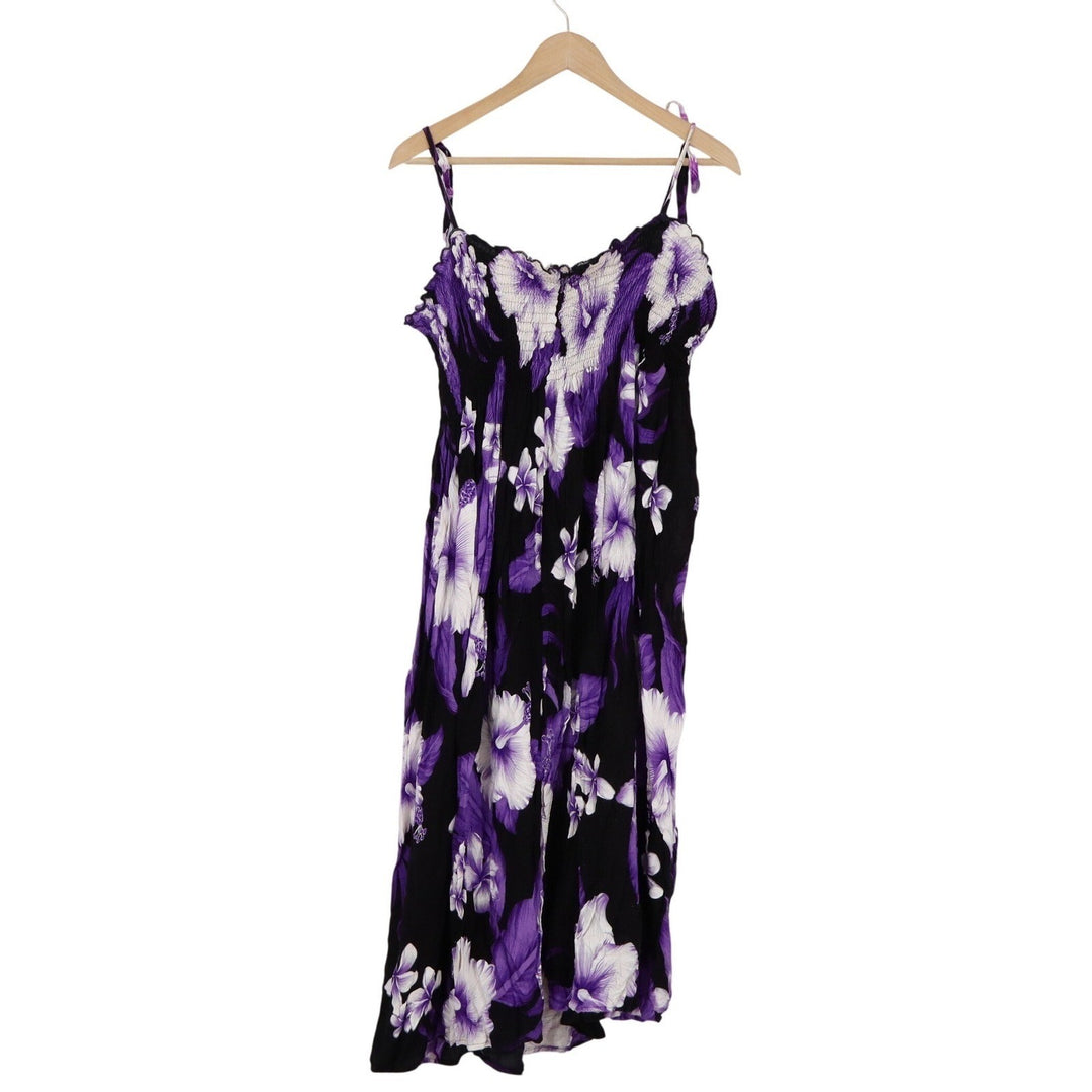 Ani's Fashion Purple Hibiscus Floral Smocked Midi Dress Plus Size Tie Straps