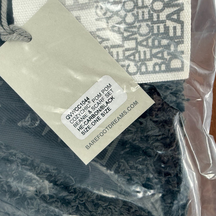 Barefoot Dreams CozyChic Pom Pom Beanie & Scarf Set Women He-Carbon Black Winter