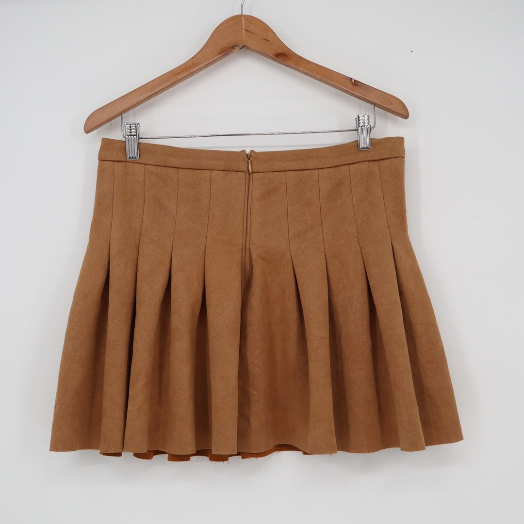 Love Tree Camel Brown Pleated Mini Skirt High Waisted Faux Suede Large