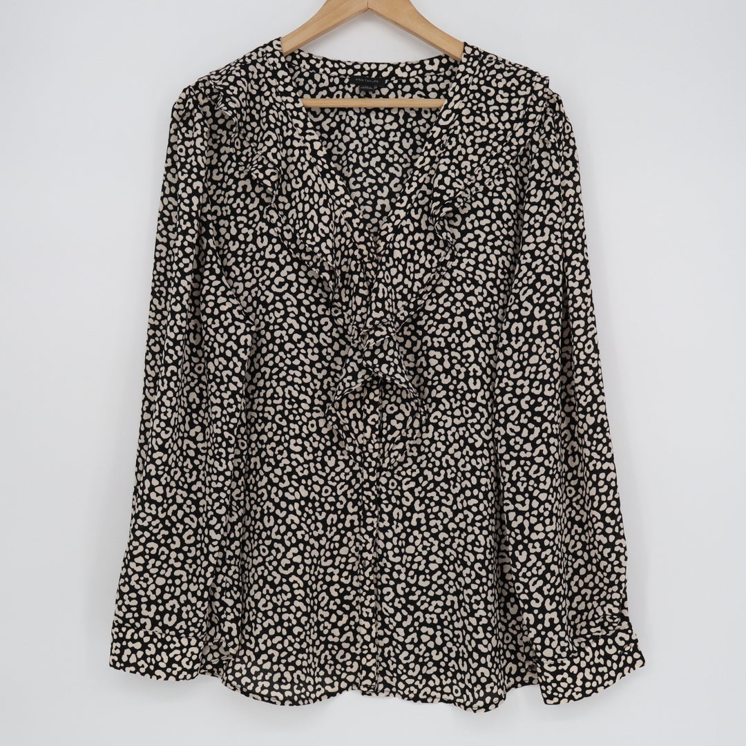 Ann Taylor Blouse Womens XL Black White Leopard Print Ruffled Neck Long Sleeve