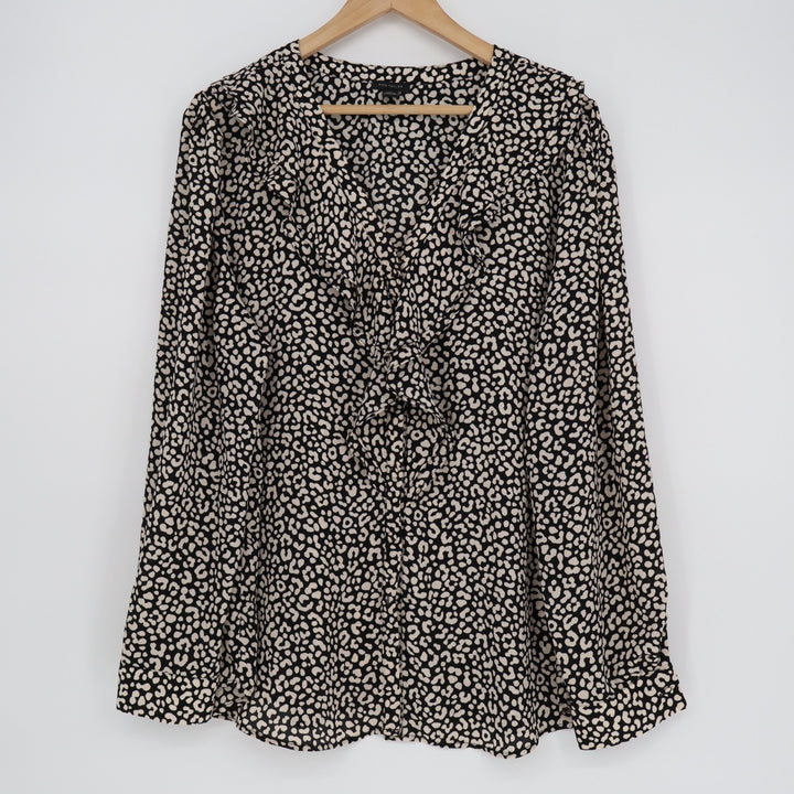 Ann Taylor Blouse Womens XL Black White Leopard Print Ruffled Neck Long Sleeve