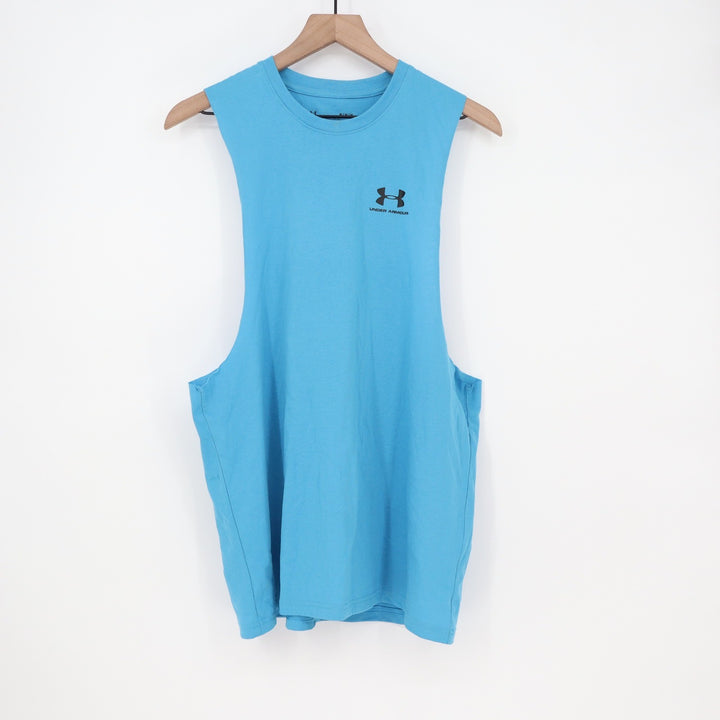 Under Armour Mens Left Chest Cut Off Tank Blue Loose Fit Muscle Shirt M
