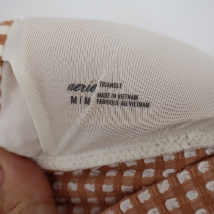Aerie Tan Gingham Ruffle Triangle Bikini Top Medium Seersucker V-Neck Swim