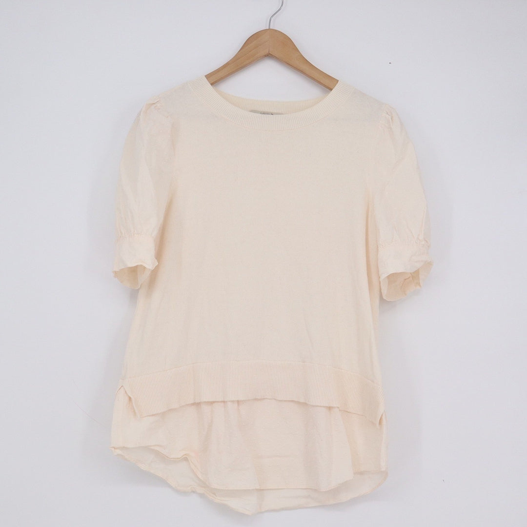 LOFT Cream Mixed Media Layered Puff Sleeve Cotton Sweater Top Womens Size M