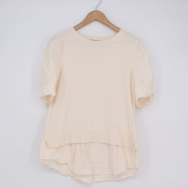 LOFT Cream Mixed Media Layered Puff Sleeve Cotton Sweater Top Womens Size M