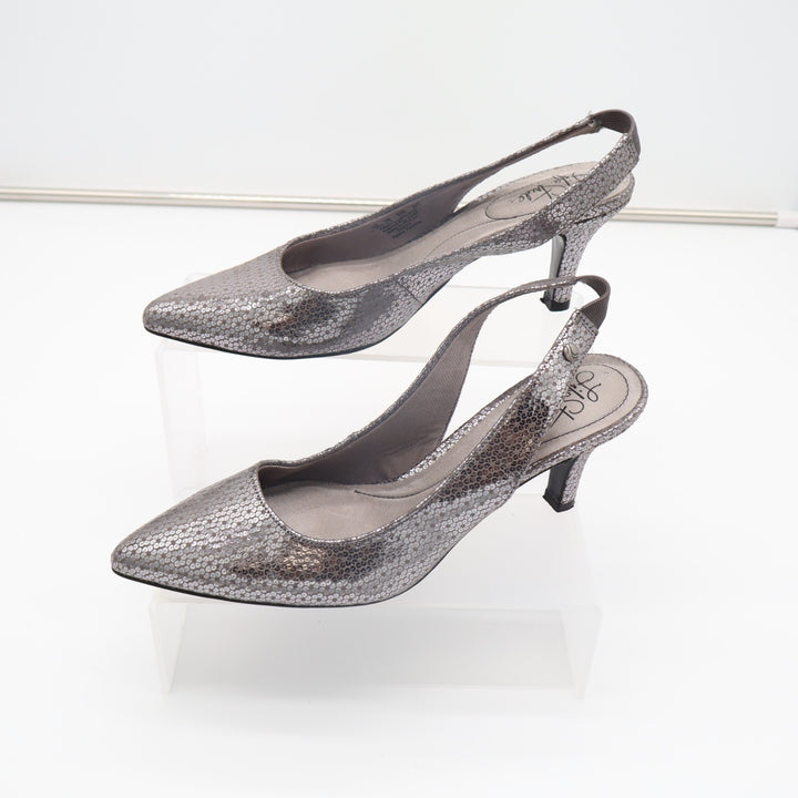 LifeStride Shena Pump Womens US 7.5W Silver Stiletto Heel Slingback Dress Shoes