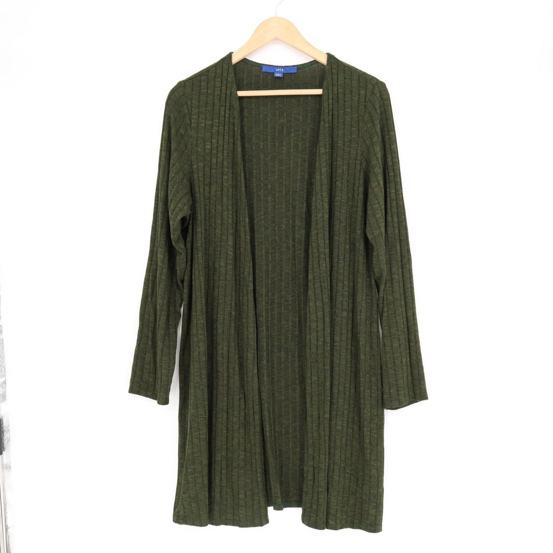 Apt. 9 Cardigan Sweater Womens Large Olive Stretch Ribbed Knitted Open Front
