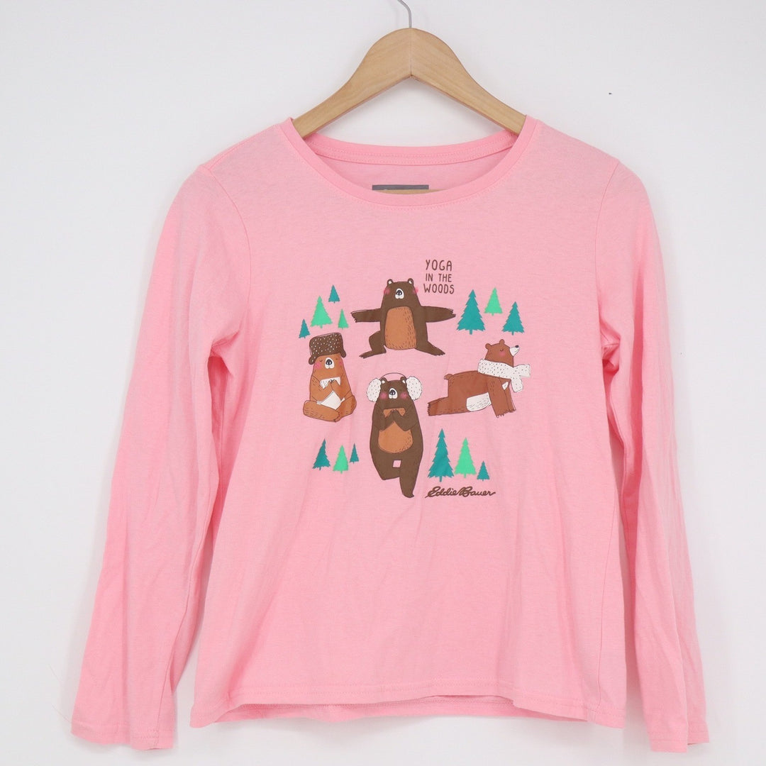 Eddie Bauer Kids Pink Yoga In The Woods Bear Graphic Long Sleeve Tee L 14/16
