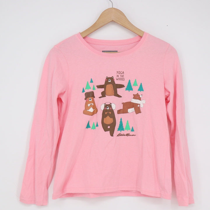 Eddie Bauer Kids Pink Yoga In The Woods Bear Graphic Long Sleeve Tee L 14/16