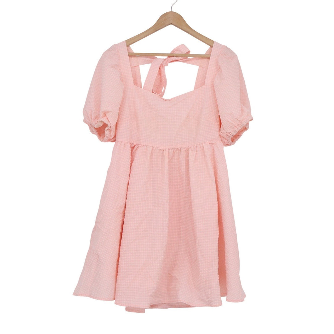 Mable Pink Textured Puff Sleeve Babydoll Mini Dress Square Neck Tie Back L