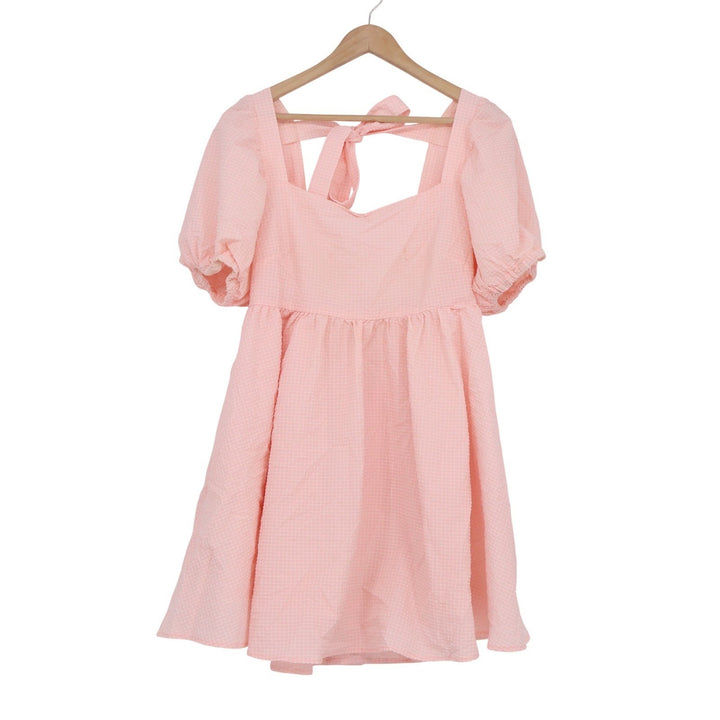 Mable Pink Textured Puff Sleeve Babydoll Mini Dress Square Neck Tie Back L